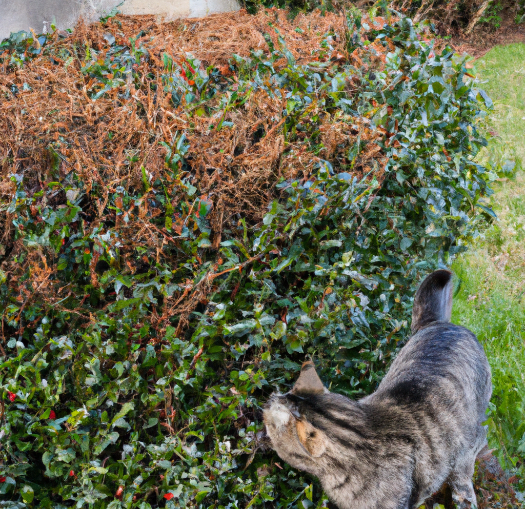 Boxwood bush a cat