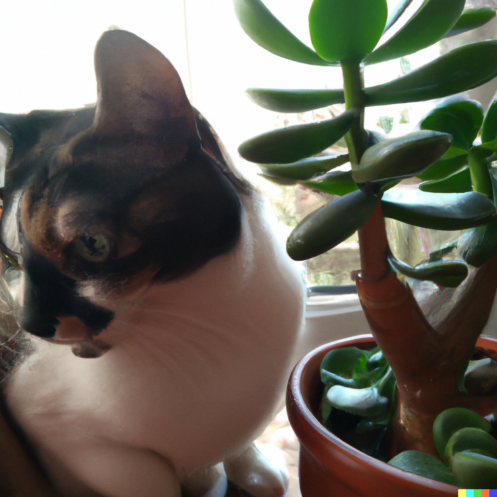 cat near jade plant