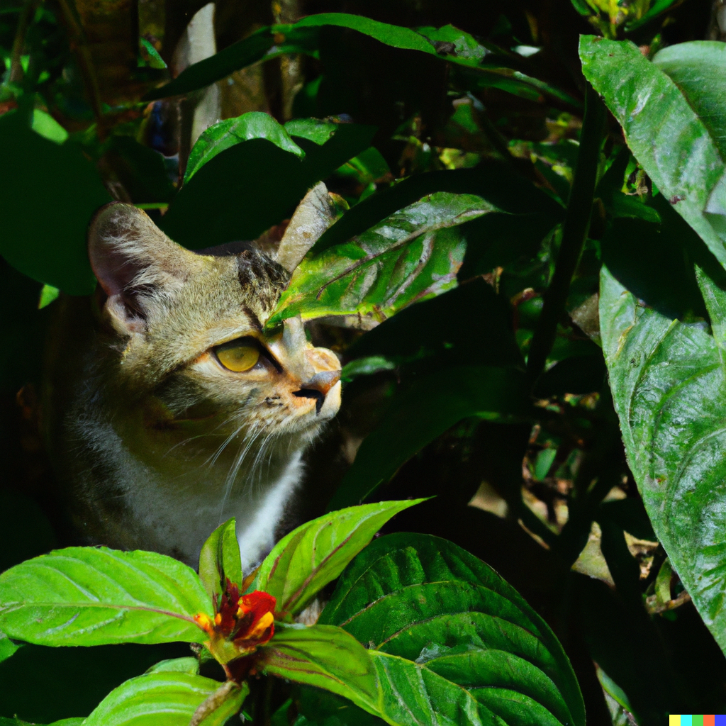 Cat under money tree (Guiana Chestnut) plant