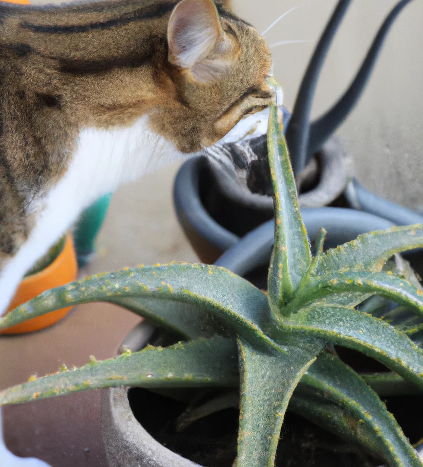 Aloe in a pot with a cat trying to sniff it