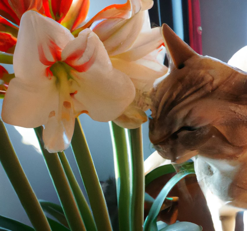 Amaryllis flowers with a cat trying to sniff them