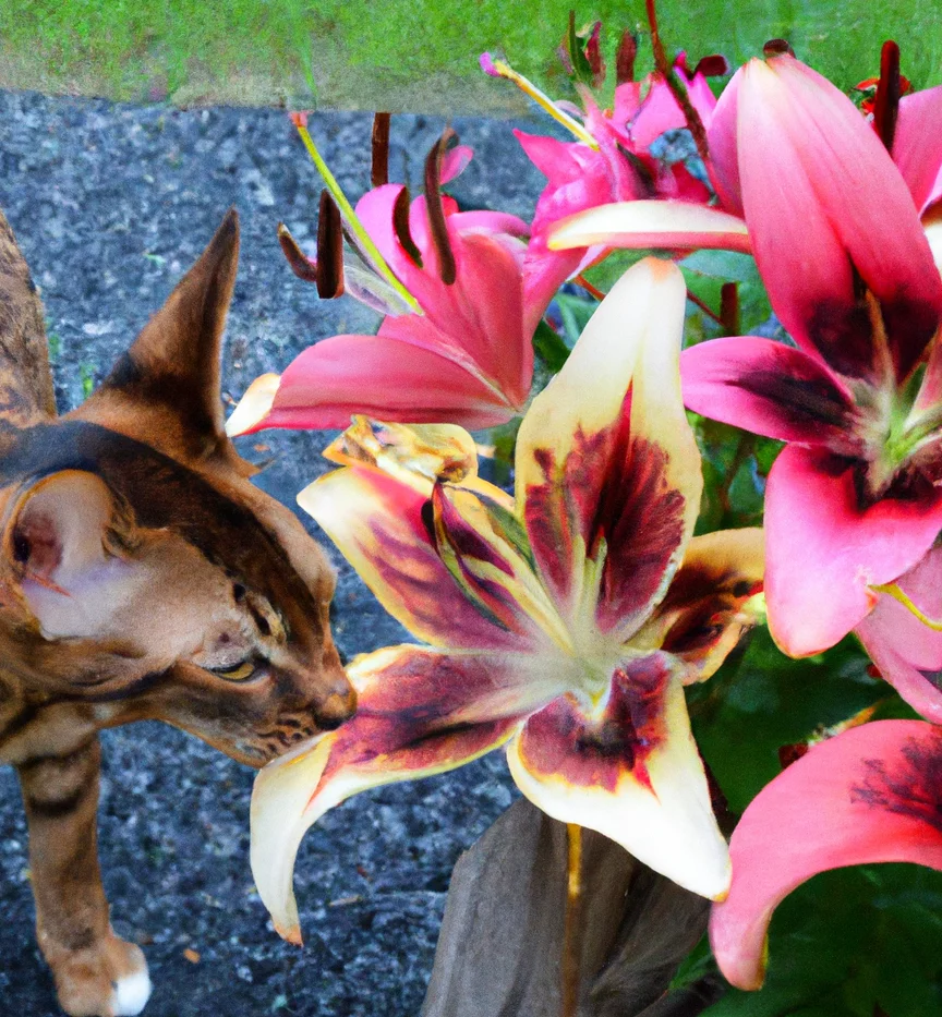 Asian Lily with a big cat trying to sniff it