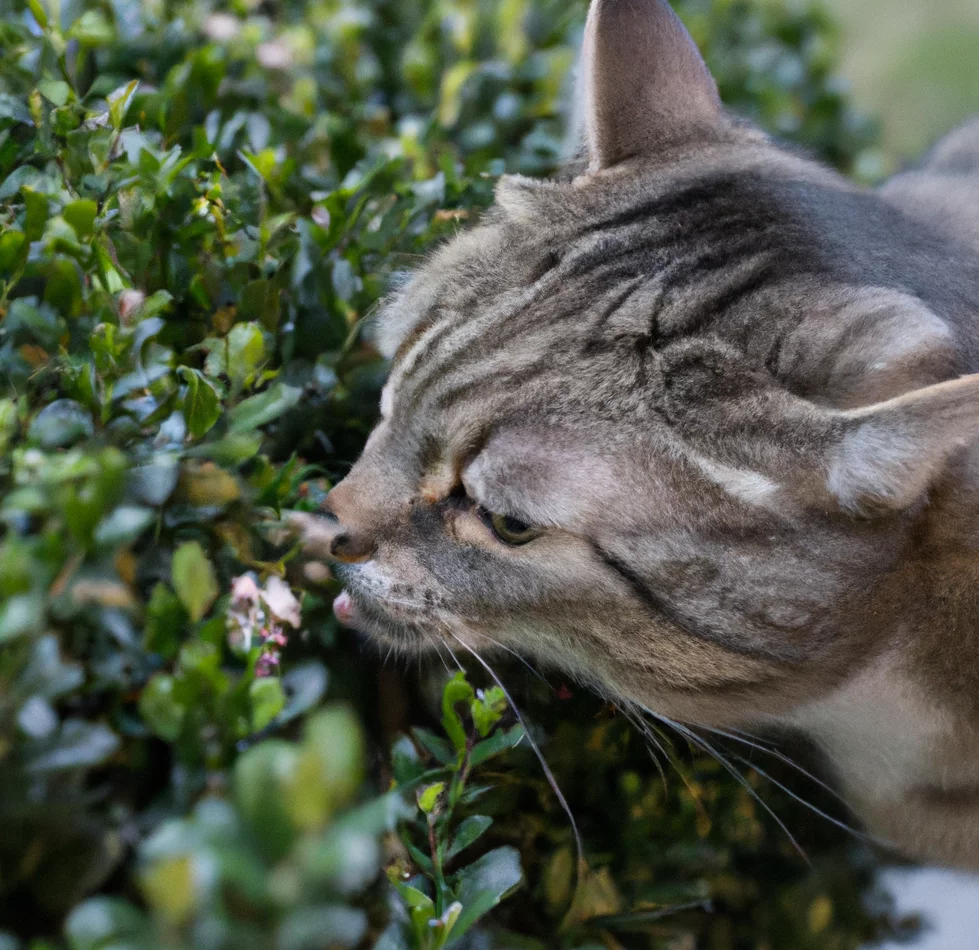 Boxwood with a cat trying to sniff i