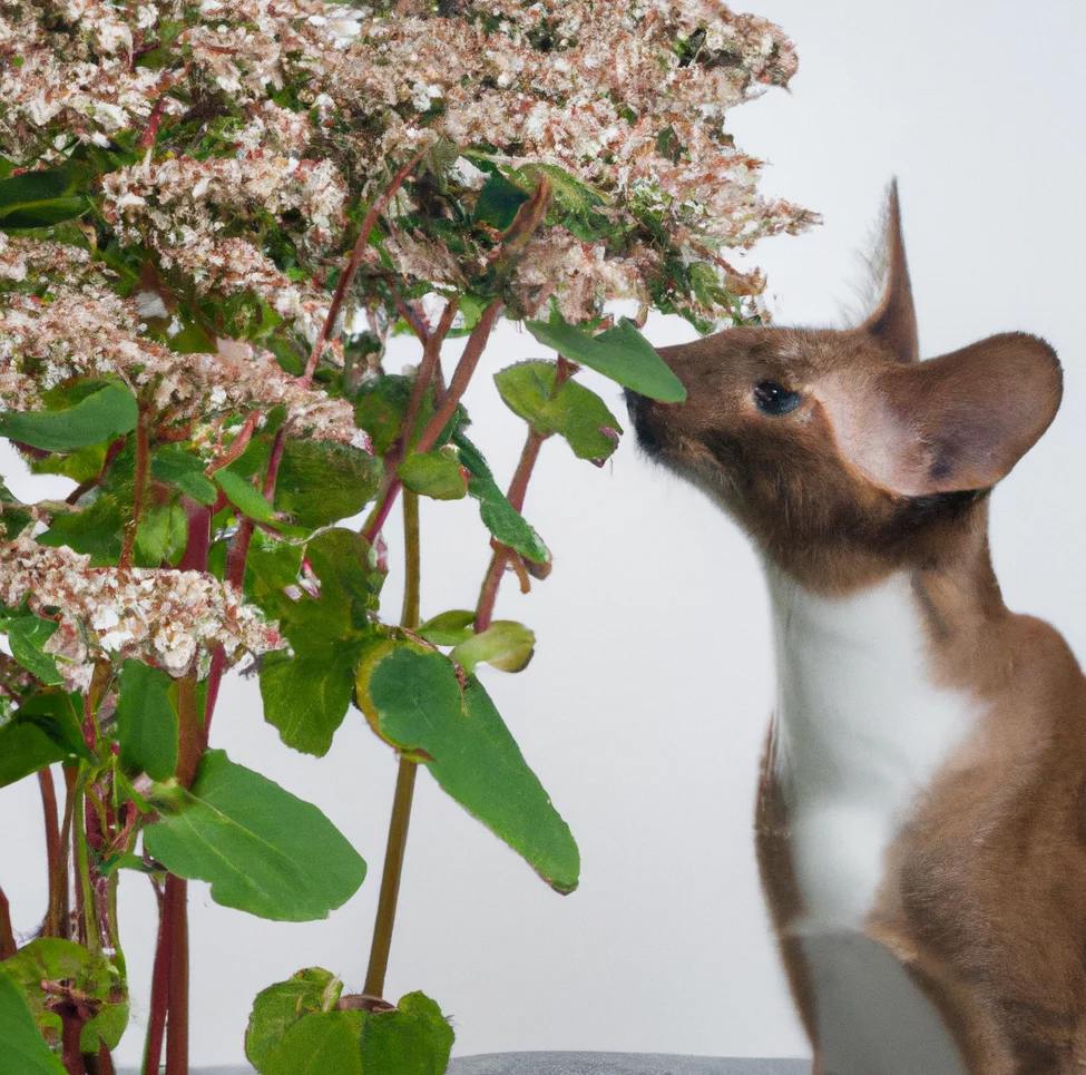 Buckwheat with a cat trying to sniff them