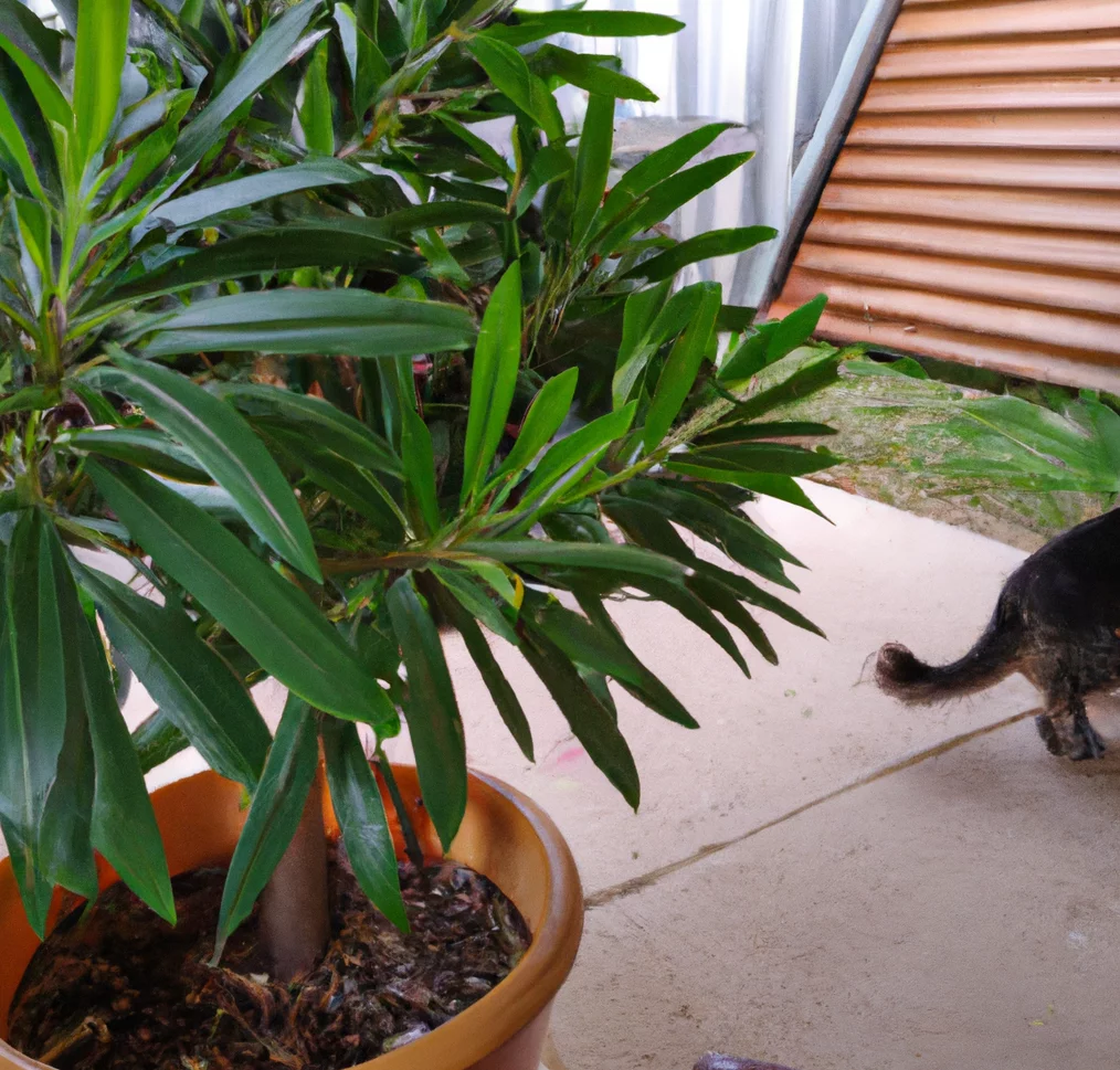 Buddhist pine plant with a cat sitting in the background