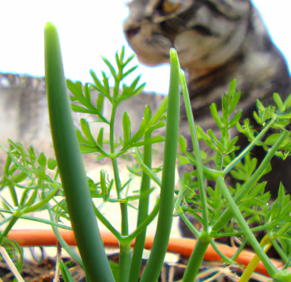 Caraway plant with a cat in the background
