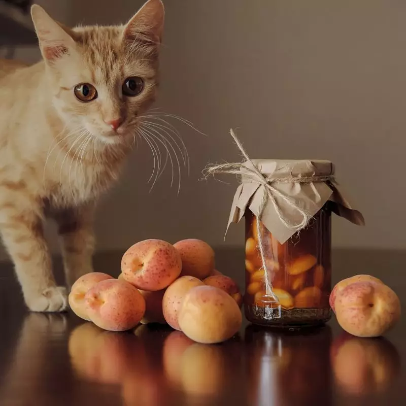 Cat looks at apricots