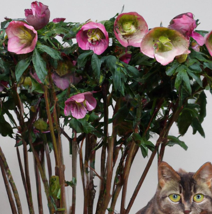 Cat near Hellebore flowers