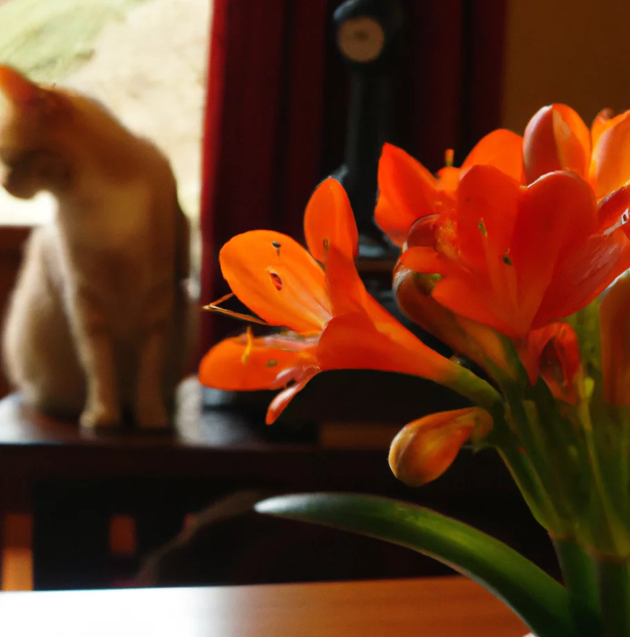 Cat sits near Clivia Lily