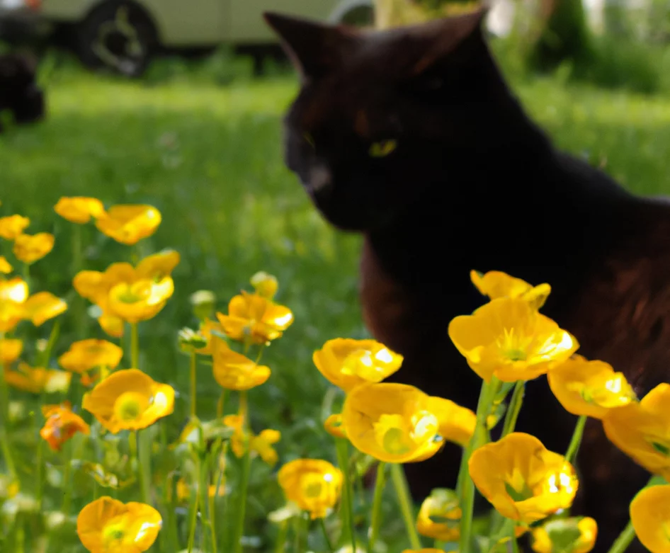 Cat sits yellow Buttercup flowers