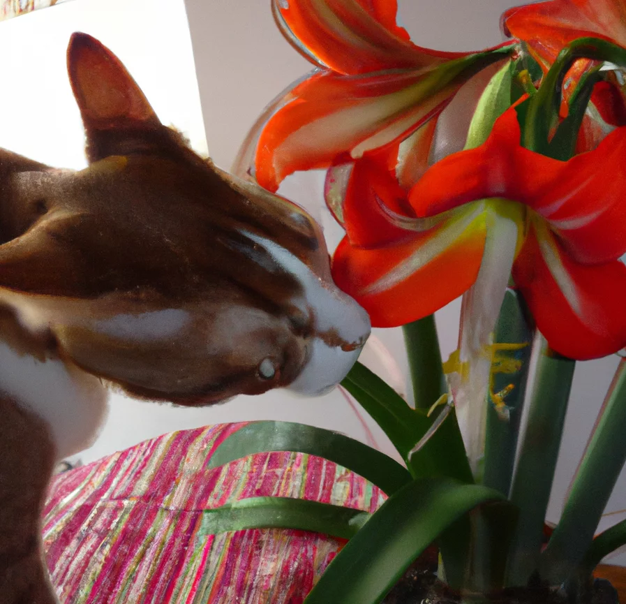 Cat sniffs Amaryllis