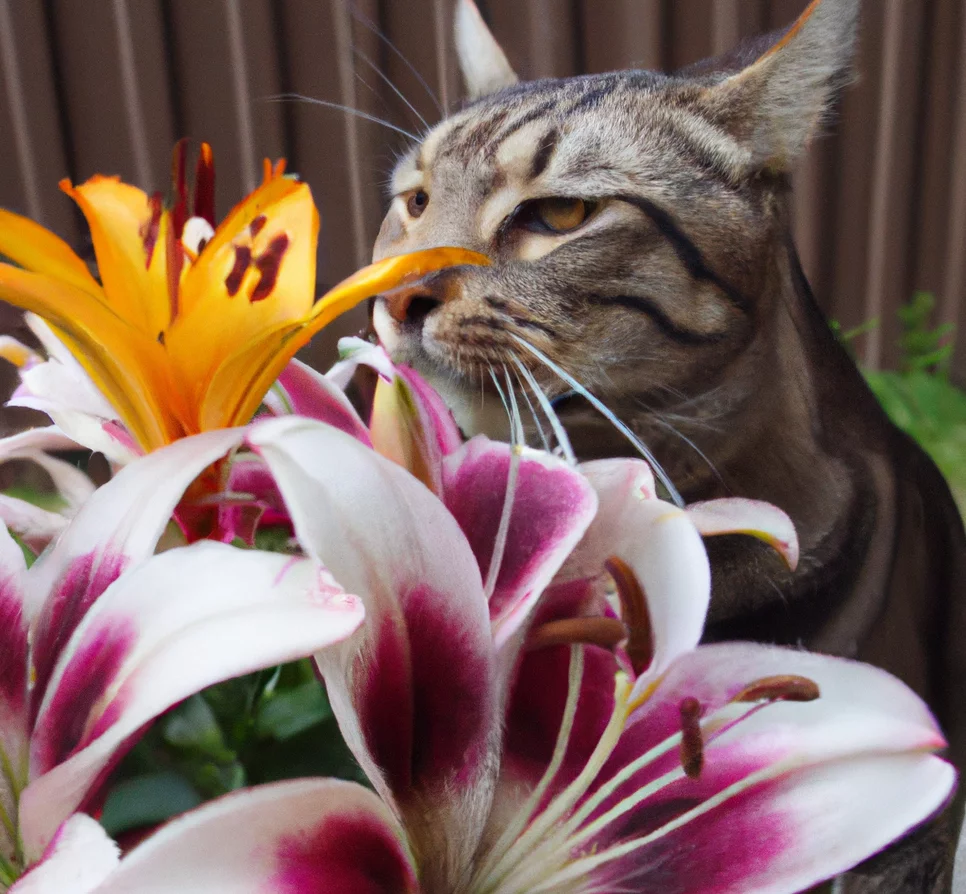 Cat sniffs Asian Lily flowers