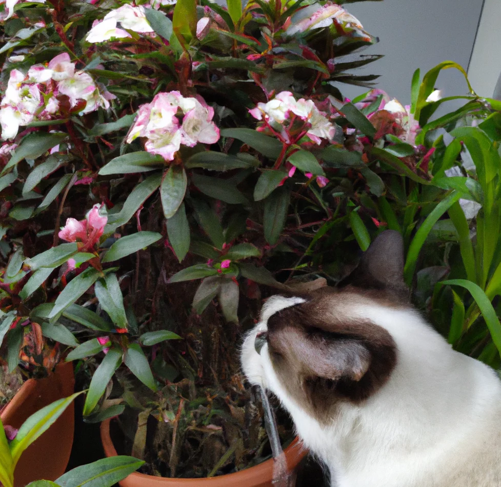 Cat sniffs Bog Laurel