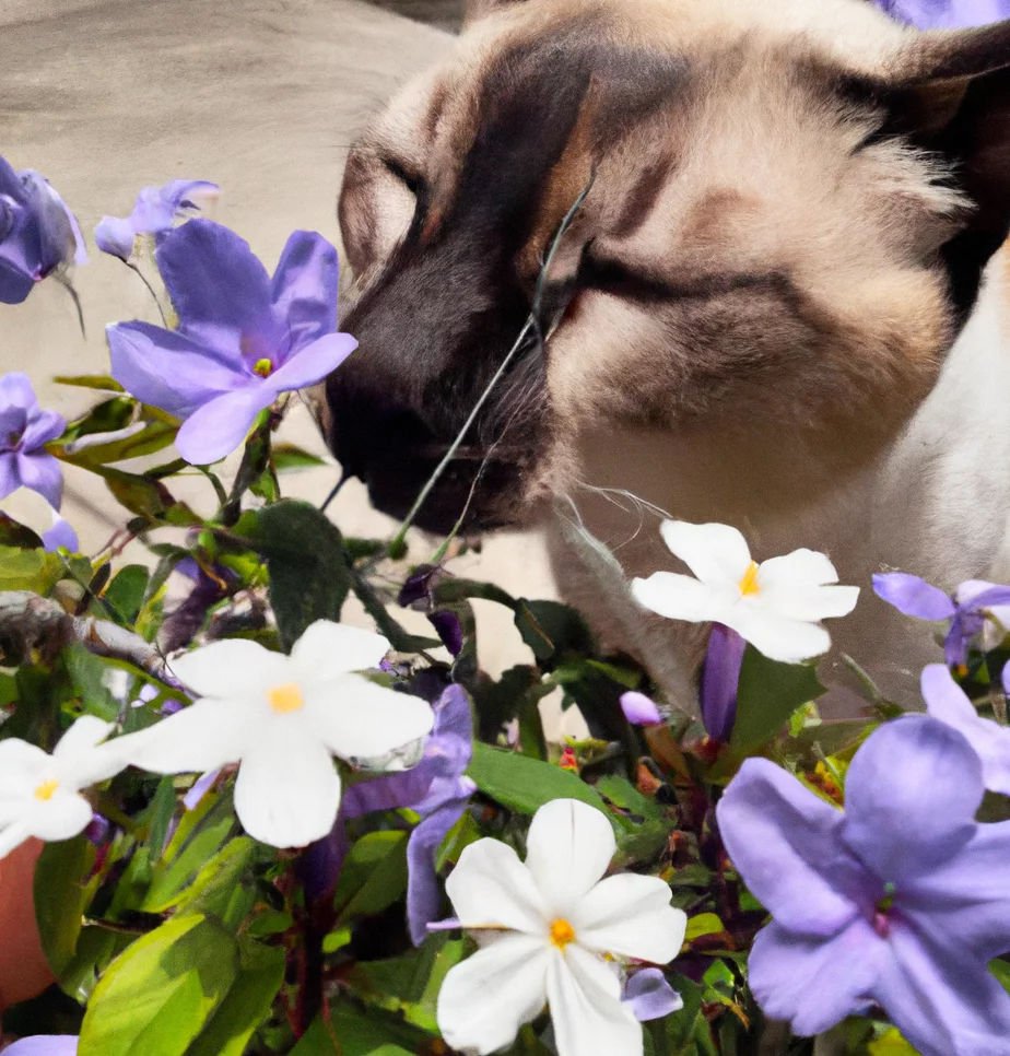 Cat stands near Brunfelsia