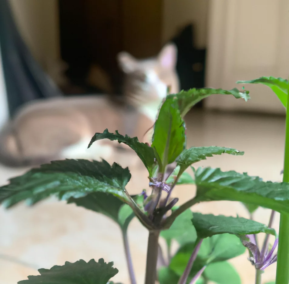 Catnip with a cat in the background