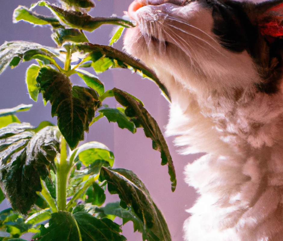 Catnip with a cat trying to sniff it
