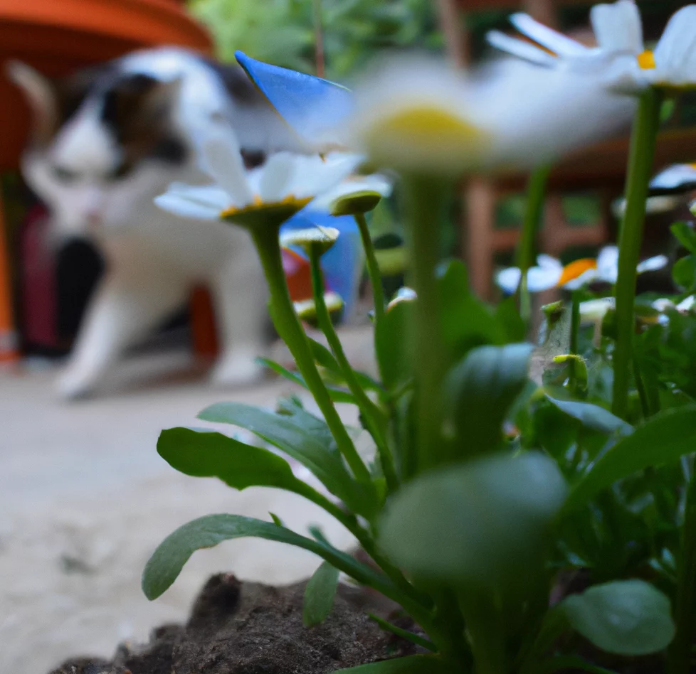 Chamomile with a cat in the background