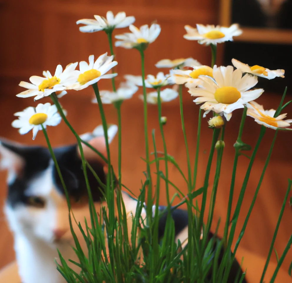 Chamomile with a cat nearby