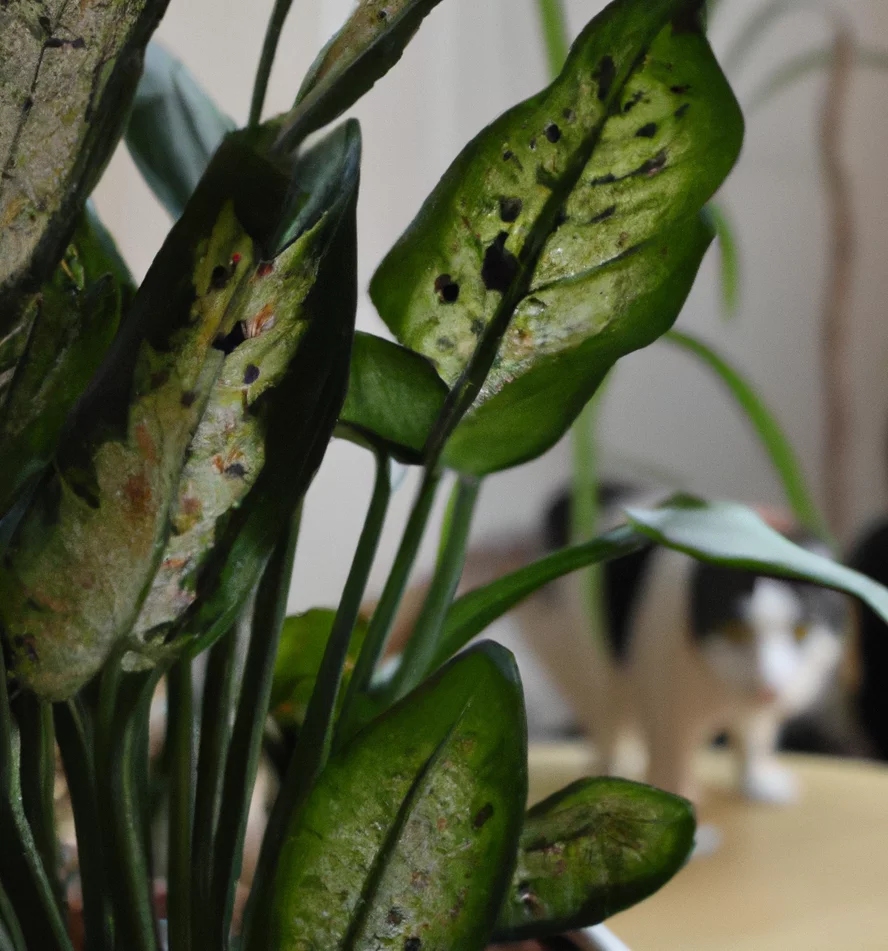 Charming Dieffenbachia with a cat in the background