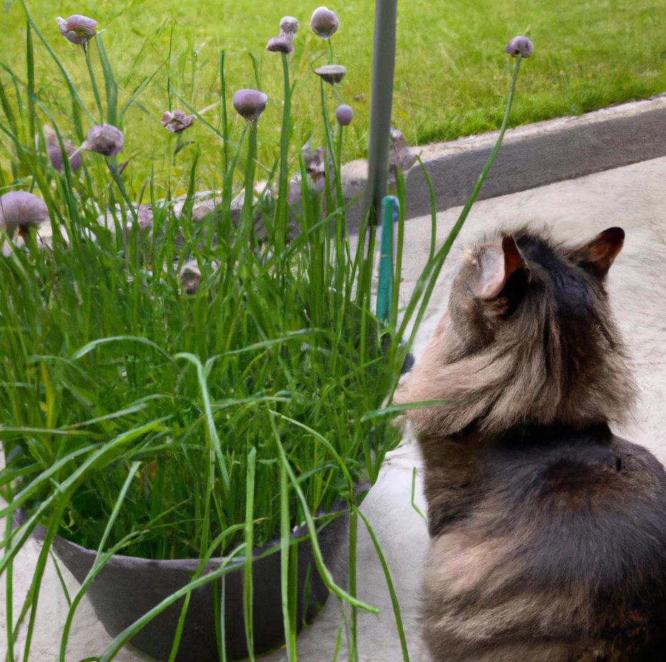 Chives with a cat sitting nearby