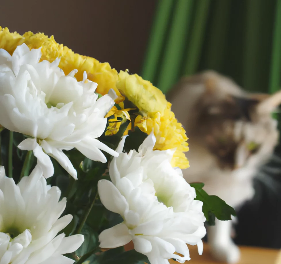 Chrysanthemum flowers with a cat in the background