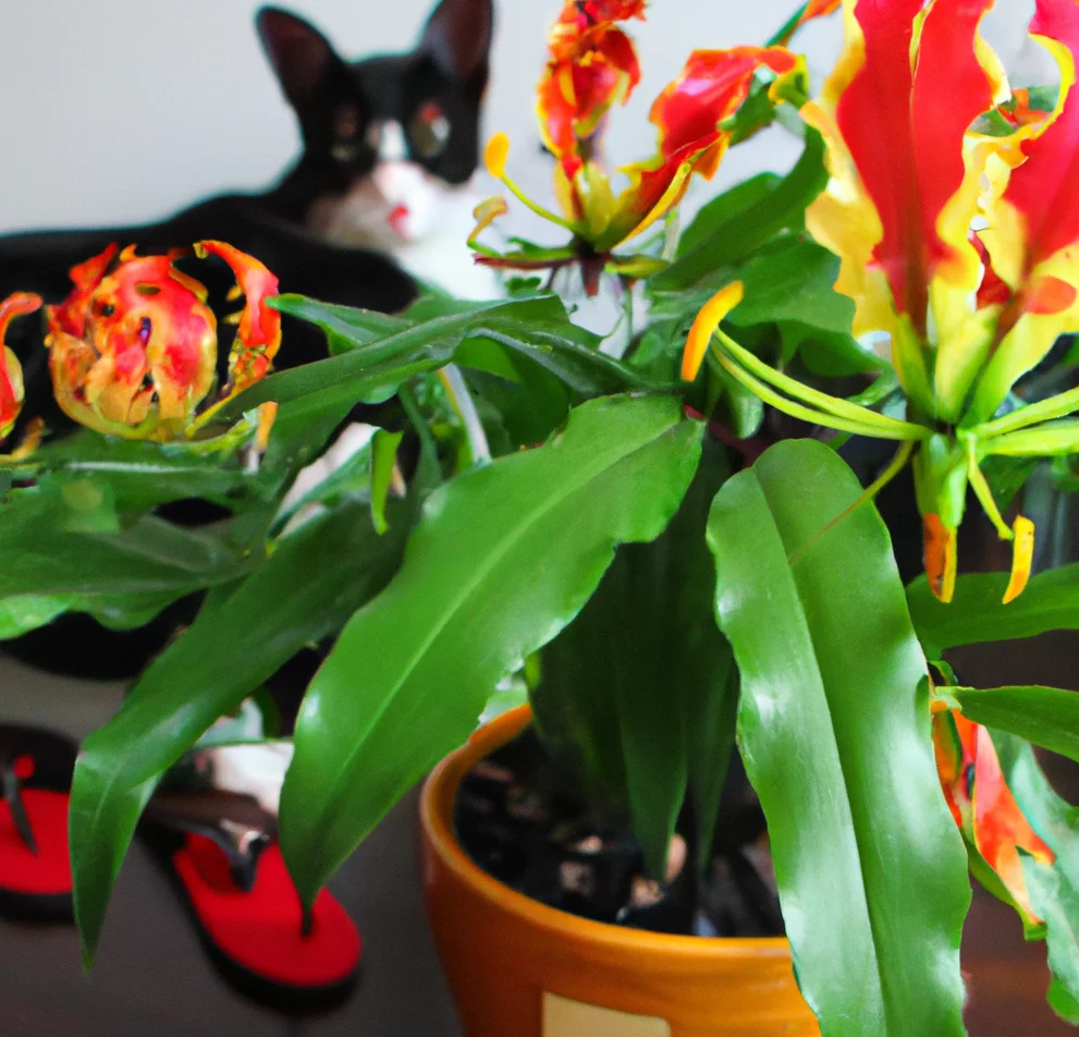 Climbing Lily in a pot with a cat in the background