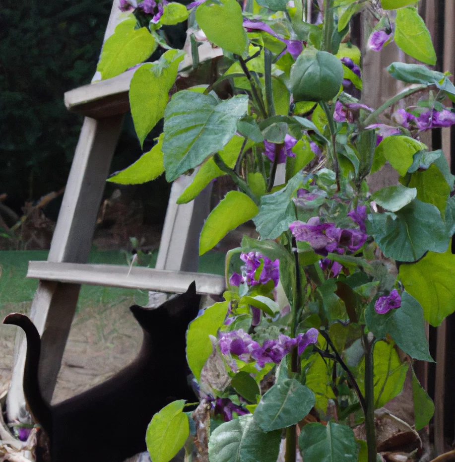 Climbing Nightshade with a cat sitting in the background
