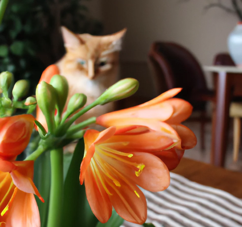 Clivia Lily with a cat in the background