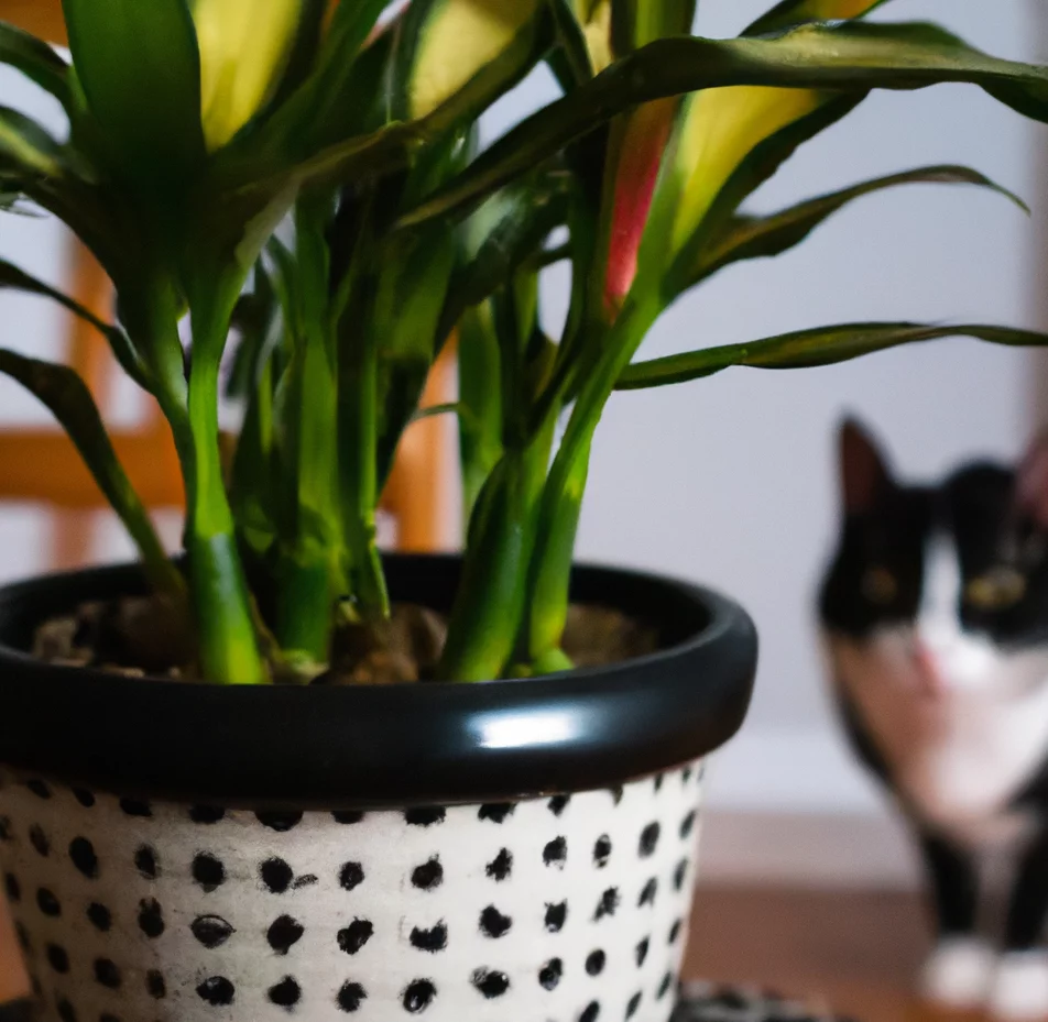 Corn Plant in a pot with a cat in the background