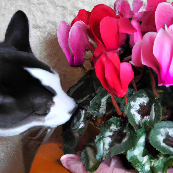 Cyclamen with a cat trying to sniff them
