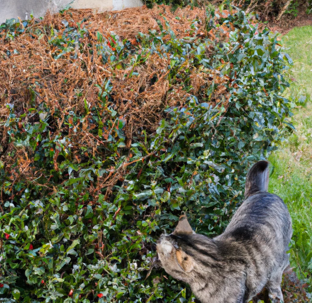 Boxwood bush a cat