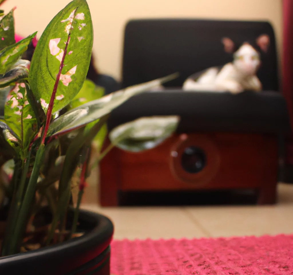Aglaonema with a cat sitting in the background