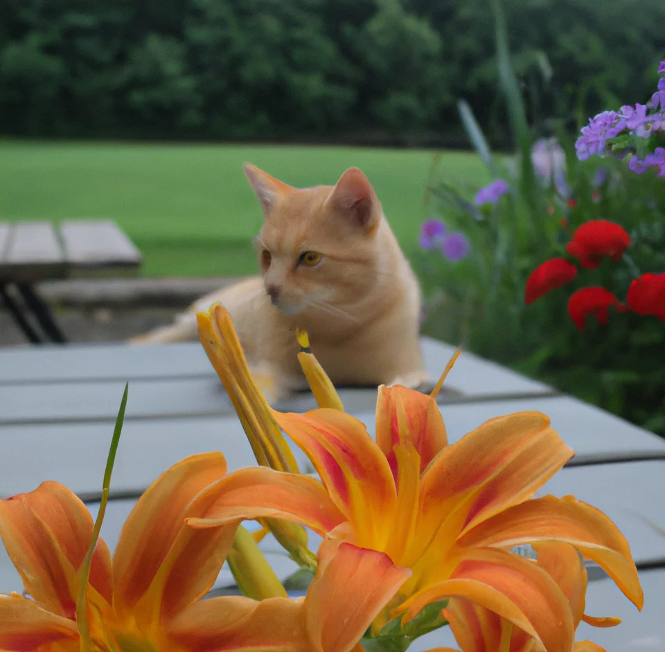 Daylily flowers with a cat sitting in the background