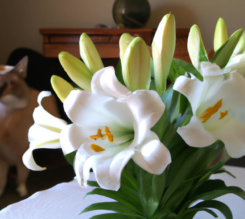 Easter lilies with a cat sitting in the background