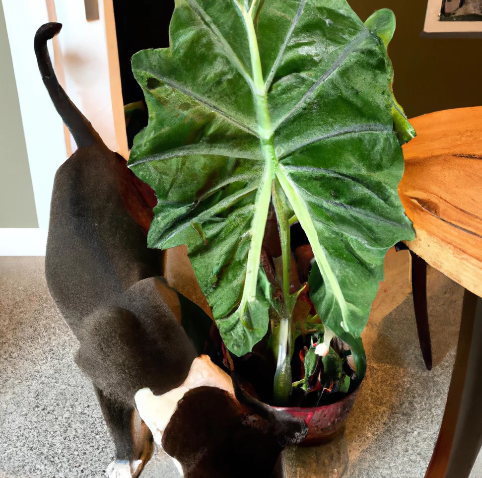 Elephant’s Ear plant with a cat trying to sniff it