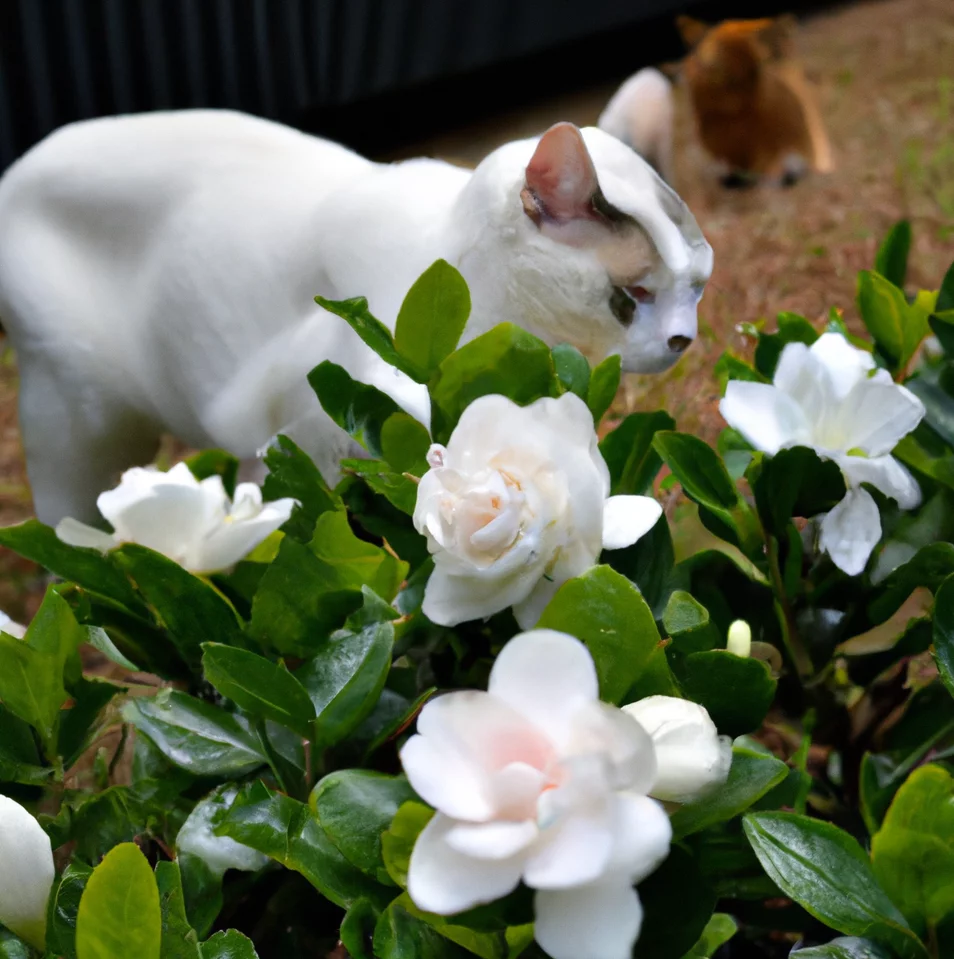 Gardenia with a cat in the background