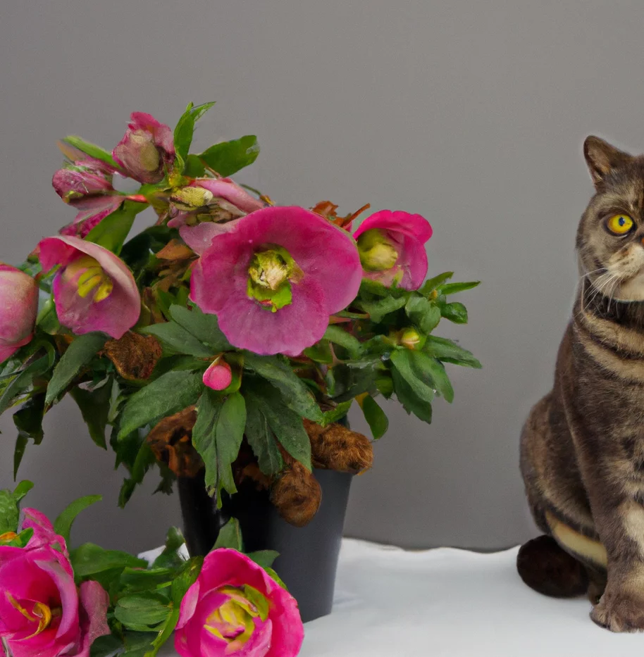 Hellebore with a cat sitting nearby