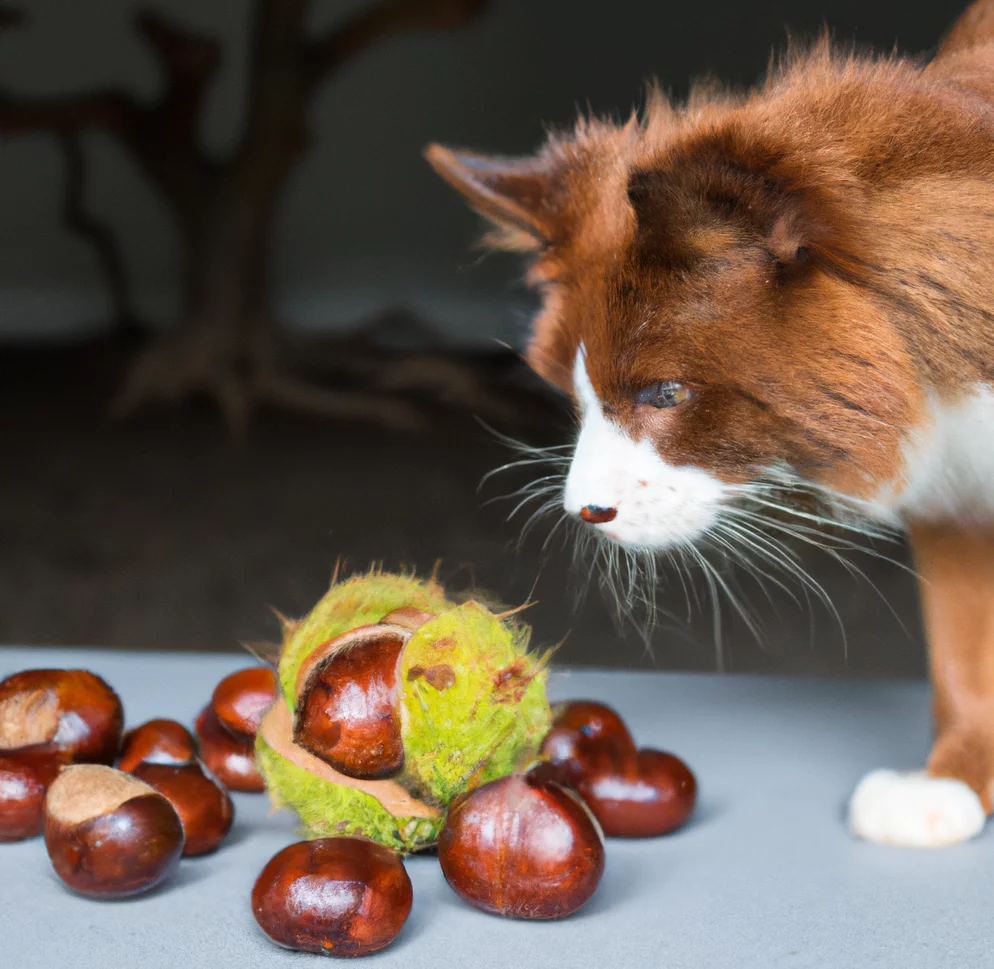 Horse Chestnuts with a big cat trying to sniff it