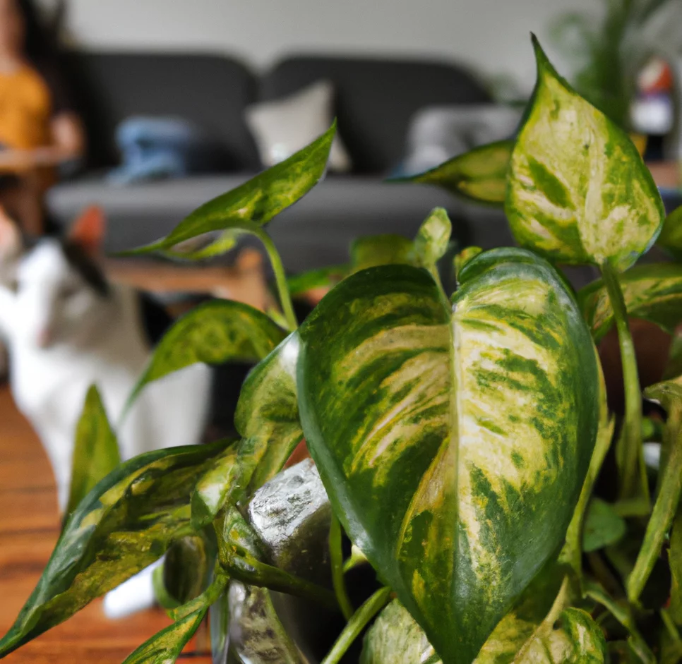 Pothos plant with a cat sitting in the background