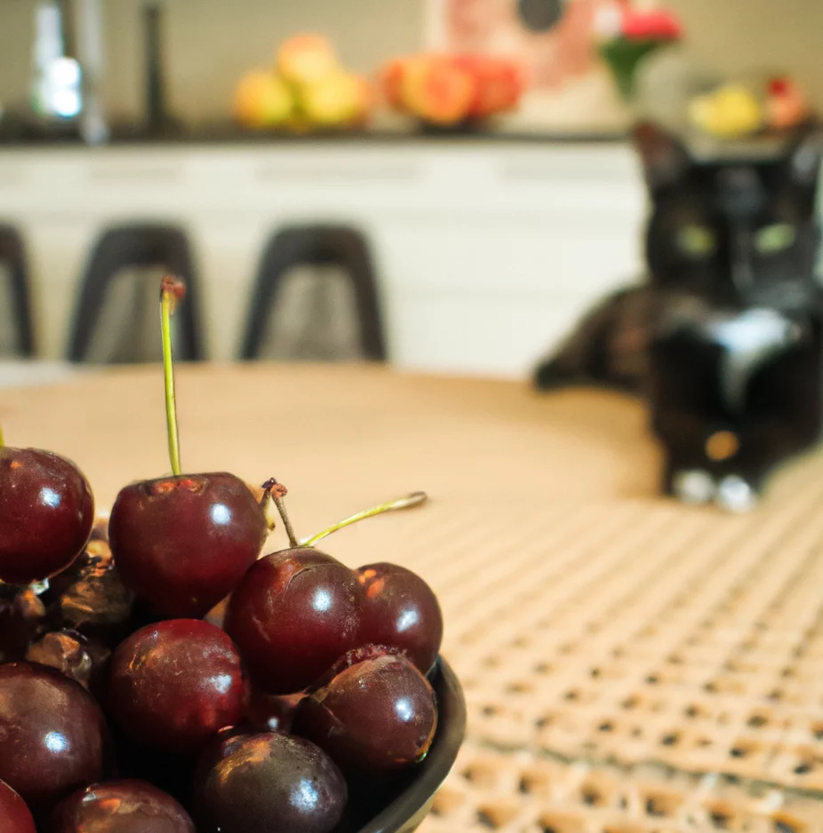 cherries in the kitchen with a cat sitting in the background