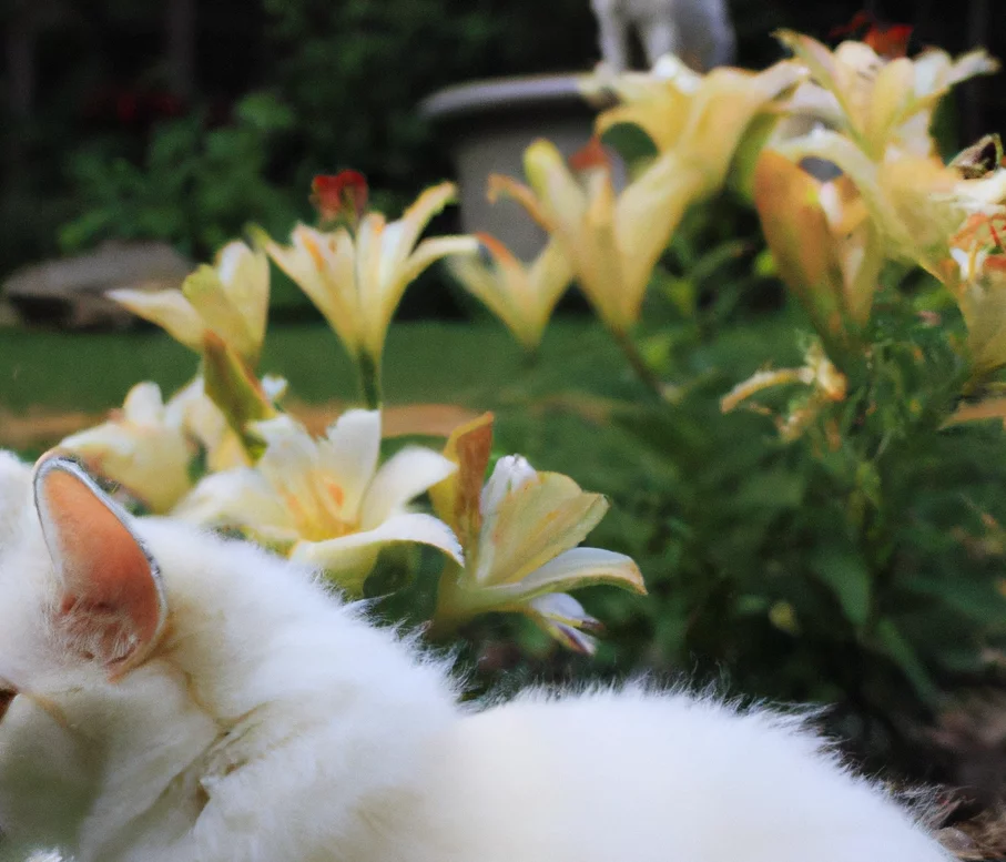 white Daylily with a cat sitting in the background