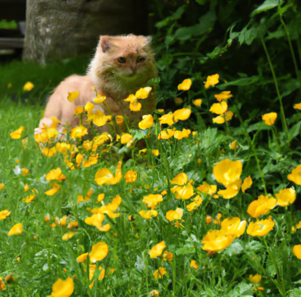 yellow Buttercup with a cat sitting in the background