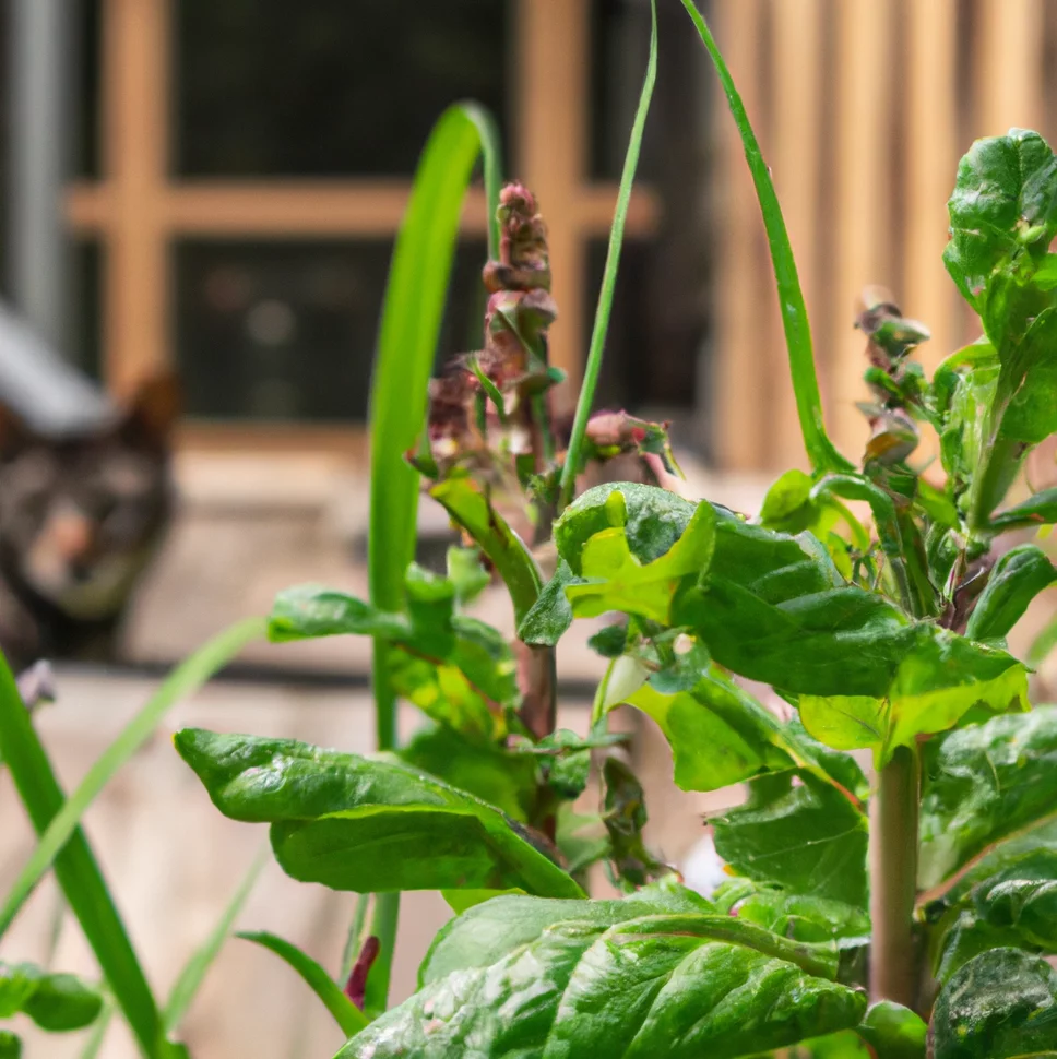 Cat looks at lovage plant