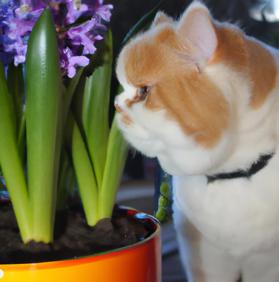 Cat sits near Garden Hyacinths