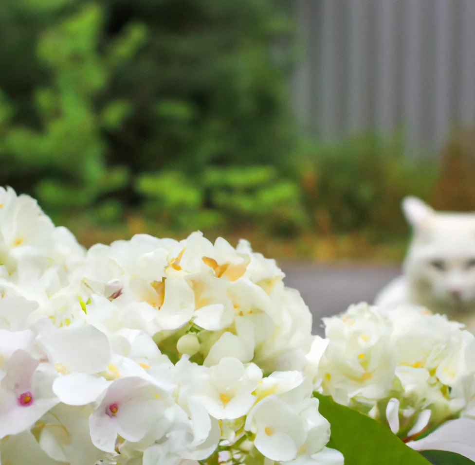 Cat sits near Hydrangea