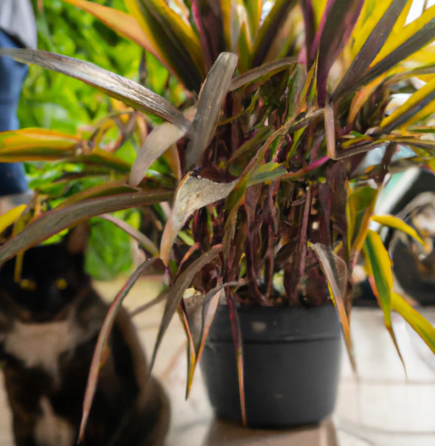 Cat sits near Palm Lily