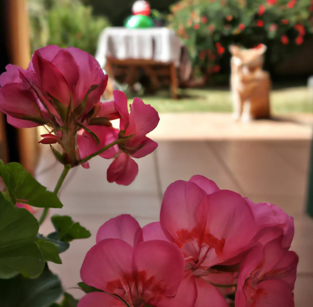 Cat sits near Pelargonium