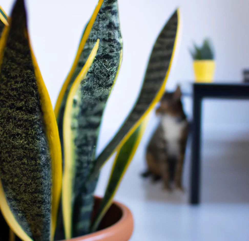 Cat sits near Snake Plant