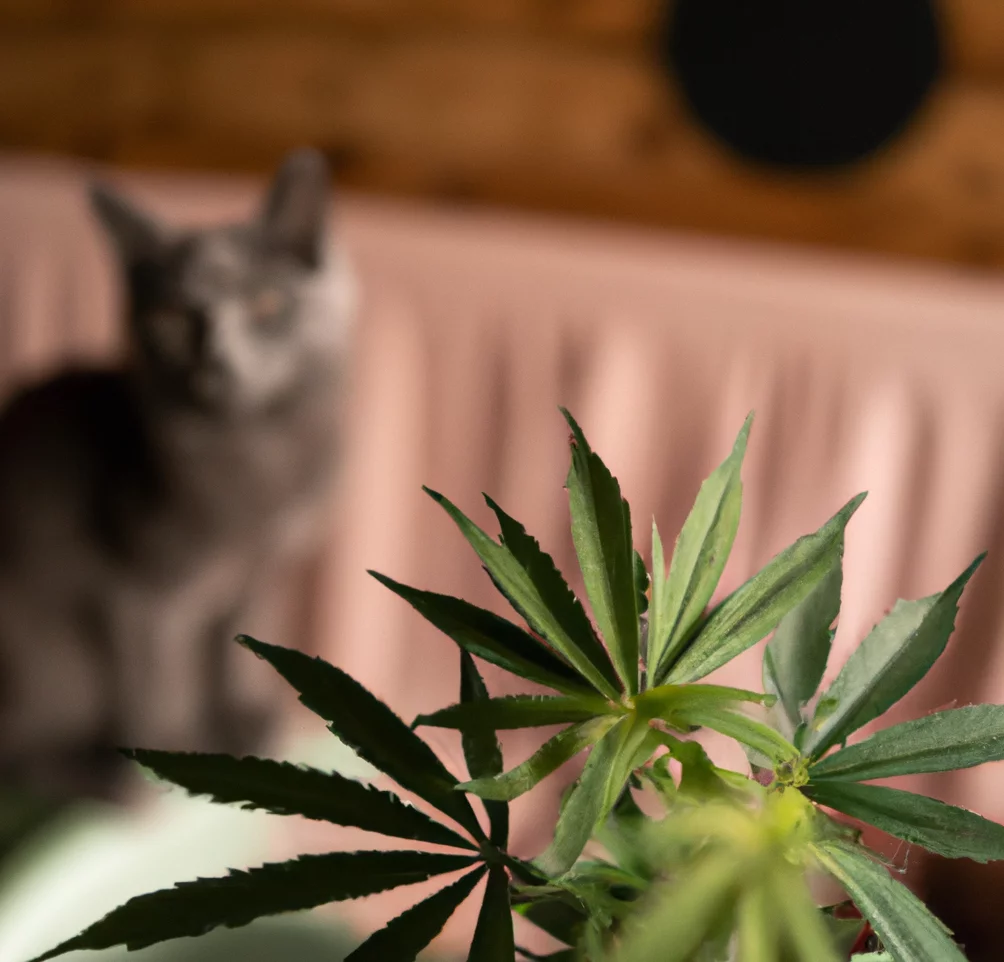 Cat sits near marijuana