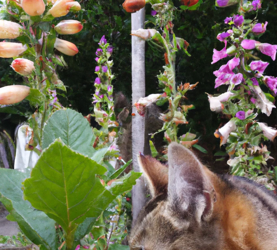 Cat stands near foxglove